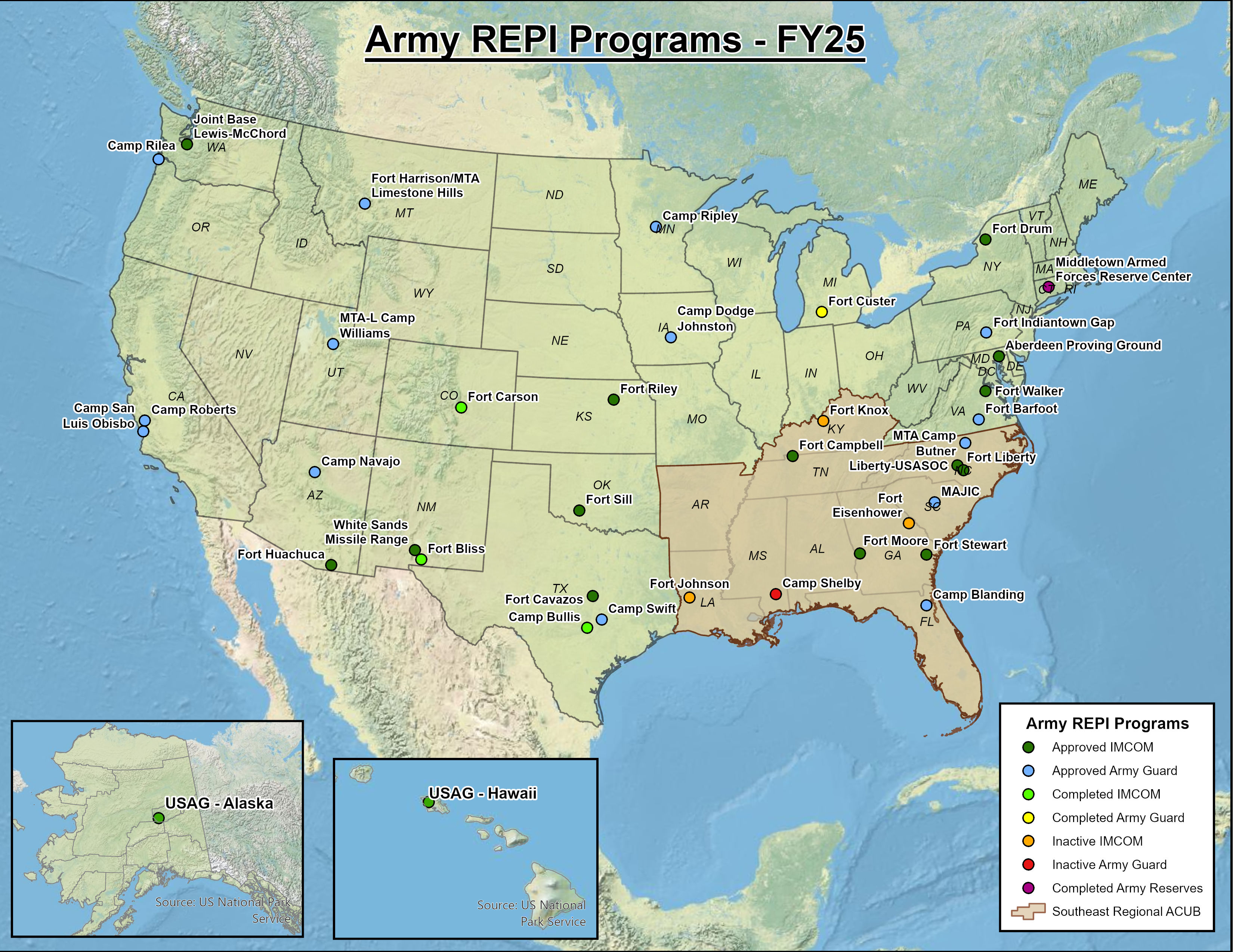 Map showing Army locations in U.S. with Army REPI programs and theri status identified as approved, complete or inactive.